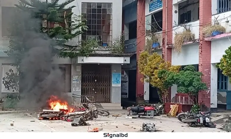 ভাঙ্গা থানায় হামলা ও উপজেলা পরিষদে ভাঙচুর